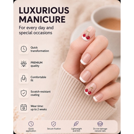 Nude French Tip Cherry Press‑On Nails, Short Square Cute Sweet False Nails